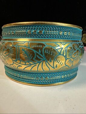 293- Turquoise and Gold Floral Decorative Boho- inspired cuff bracelet
